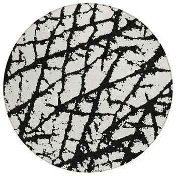 8' Black And Ivory Round Abstract Washable Indoor Outdoor Area Rug