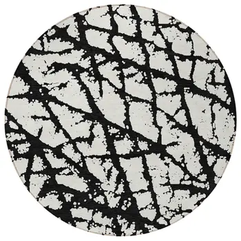 8' Black And Ivory Round Abstract Washable Indoor Outdoor Area Rug