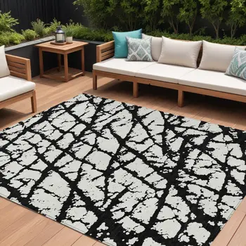 10' X 14' Black And Ivory Abstract Washable Indoor Outdoor Area Rug
