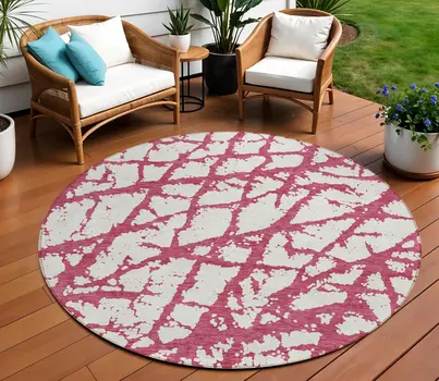 8' Blush And Ivory Round Abstract Washable Indoor Outdoor Area Rug