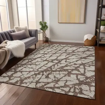 3' X 5' Brown And Ivory Abstract Washable Indoor Outdoor Area Rug