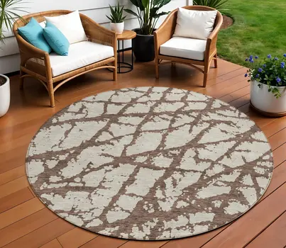 8' Brown And Ivory Round Abstract Washable Indoor Outdoor Area Rug