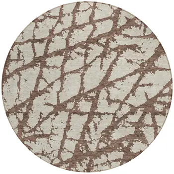 8' Brown And Ivory Round Abstract Washable Indoor Outdoor Area Rug