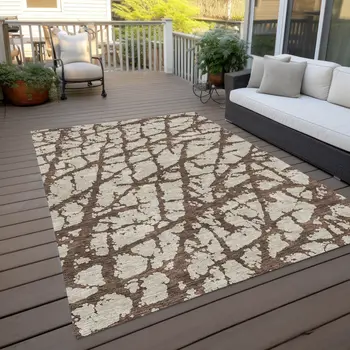 9' X 12' Brown And Ivory Abstract Washable Indoor Outdoor Area Rug
