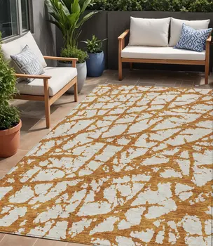 5' X 8' Copper And Ivory Abstract Washable Indoor Outdoor Area Rug
