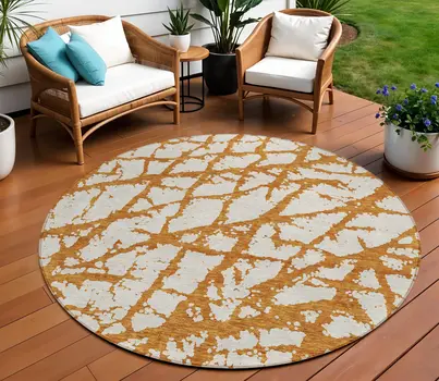 8' Copper And Ivory Round Abstract Washable Indoor Outdoor Area Rug