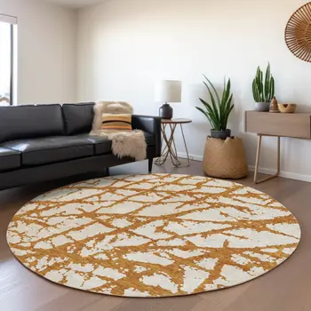 8' Copper And Ivory Round Abstract Washable Indoor Outdoor Area Rug