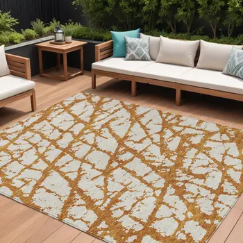 9' X 12' Copper And Ivory Abstract Washable Indoor Outdoor Area Rug
