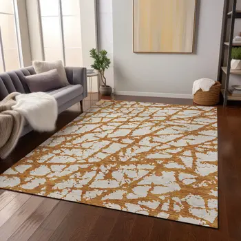 10' X 14' Copper And Ivory Abstract Washable Indoor Outdoor Area Rug