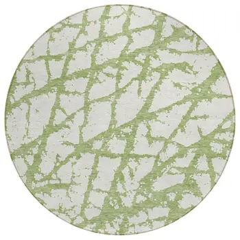 8' Green And Ivory Round Abstract Washable Indoor Outdoor Area Rug