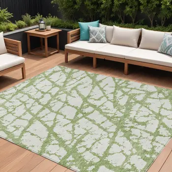 8' X 10' Green And Ivory Abstract Washable Indoor Outdoor Area Rug