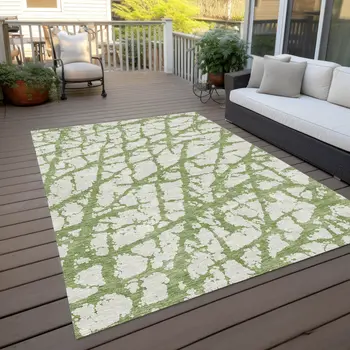 9' X 12' Green And Ivory Abstract Washable Indoor Outdoor Area Rug