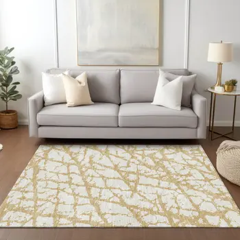5' X 8' Gold And Ivory Abstract Washable Indoor Outdoor Area Rug