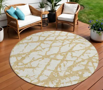 8' Gold And Ivory Round Abstract Washable Indoor Outdoor Area Rug