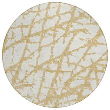 8' Gold And Ivory Round Abstract Washable Indoor Outdoor Area Rug