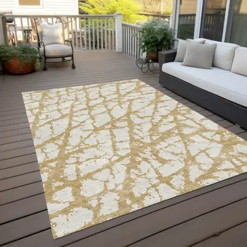 8' X 10' Gold And Ivory Abstract Washable Indoor Outdoor Area Rug