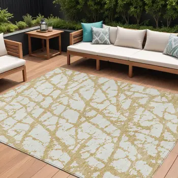 9' X 12' Gold And Ivory Abstract Washable Indoor Outdoor Area Rug