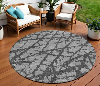 8' Gray And Charcoal Round Abstract Washable Indoor Outdoor Area Rug