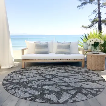 8' Gray And Charcoal Round Abstract Washable Indoor Outdoor Area Rug
