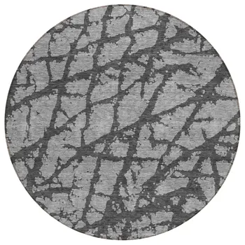 8' Gray And Charcoal Round Abstract Washable Indoor Outdoor Area Rug
