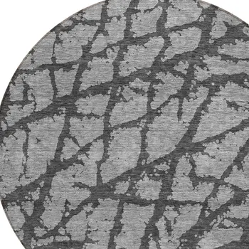 8' Gray And Charcoal Round Abstract Washable Indoor Outdoor Area Rug