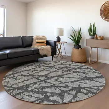 8' Gray And Charcoal Round Abstract Washable Indoor Outdoor Area Rug