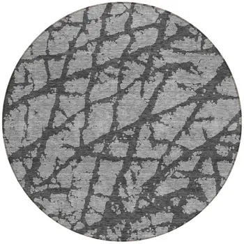 8' Gray And Charcoal Round Abstract Washable Indoor Outdoor Area Rug