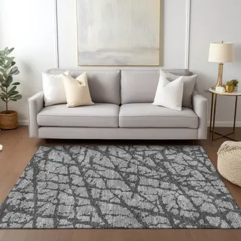 9' X 12' Gray And Charcoal Abstract Washable Indoor Outdoor Area Rug