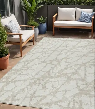 5' X 8' Ivory And Beige Abstract Washable Indoor Outdoor Area Rug