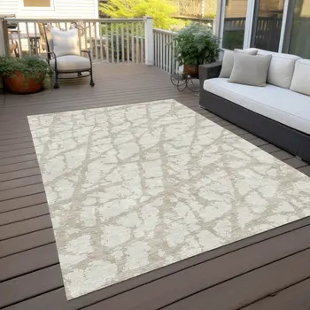8' X 10' Ivory And Beige Abstract Washable Indoor Outdoor Area Rug