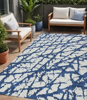 5' X 8' Navy Blue And Ivory Abstract Washable Indoor Outdoor Area Rug