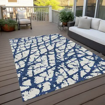 5' X 8' Navy Blue And Ivory Abstract Washable Indoor Outdoor Area Rug