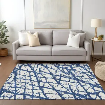 5' X 8' Navy Blue And Ivory Abstract Washable Indoor Outdoor Area Rug