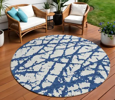 8' Navy Blue And Ivory Round Abstract Washable Indoor Outdoor Area Rug