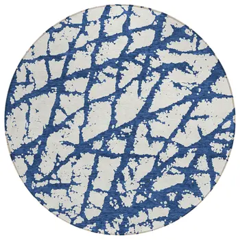 8' Navy Blue And Ivory Round Abstract Washable Indoor Outdoor Area Rug