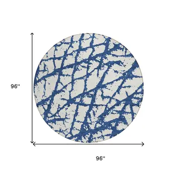 8' Navy Blue And Ivory Round Abstract Washable Indoor Outdoor Area Rug