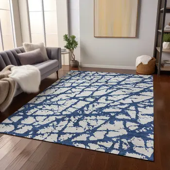 8' X 10' Navy Blue And Ivory Abstract Washable Indoor Outdoor Area Rug