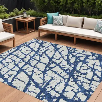 10' X 14' Navy Blue And Ivory Abstract Washable Indoor Outdoor Area Rug