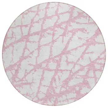 8' Pink And Ivory Round Abstract Washable Indoor Outdoor Area Rug