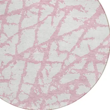 8' Pink And Ivory Round Abstract Washable Indoor Outdoor Area Rug