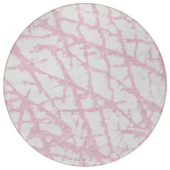 8' Pink And Ivory Round Abstract Washable Indoor Outdoor Area Rug