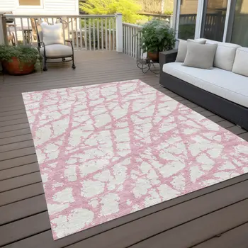 9' X 12' Pink And Ivory Abstract Washable Indoor Outdoor Area Rug
