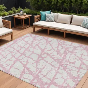 10' X 14' Pink And Ivory Abstract Washable Indoor Outdoor Area Rug