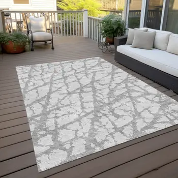 8' X 10' Silver And Gray Abstract Washable Indoor Outdoor Area Rug