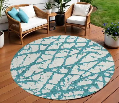 8' Teal Blue And Ivory Round Abstract Washable Indoor Outdoor Area Rug
