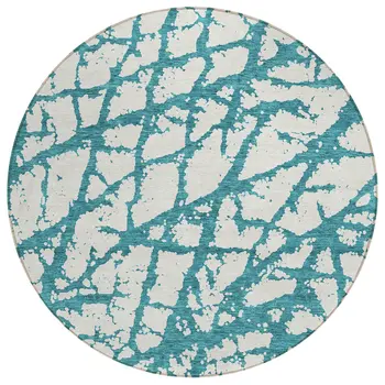 8' Teal Blue And Ivory Round Abstract Washable Indoor Outdoor Area Rug