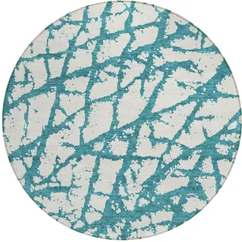 8' Teal Blue And Ivory Round Abstract Washable Indoor Outdoor Area Rug