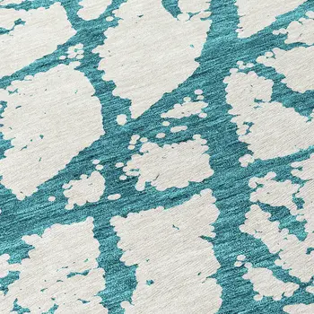 8' Teal Blue And Ivory Round Abstract Washable Indoor Outdoor Area Rug