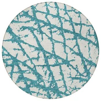 8' Teal Blue And Ivory Round Abstract Washable Indoor Outdoor Area Rug