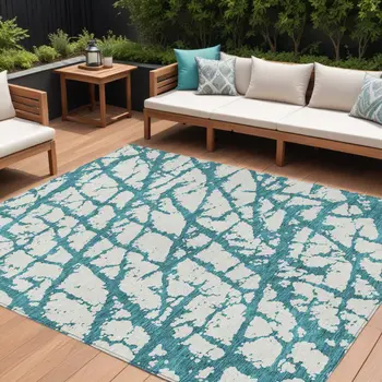 9' X 12' Teal Blue And Ivory Abstract Washable Indoor Outdoor Area Rug